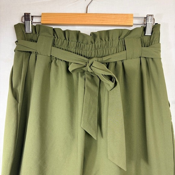 Paper Bag Pants Sz Large Olive Green Bow Tie Pull On High Waist Tapered Ankle - Picture 6 of 13